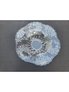 New Martinsville Flower Basket Etched Glass Bowl 1938-1944 Elegant Clear Vintage